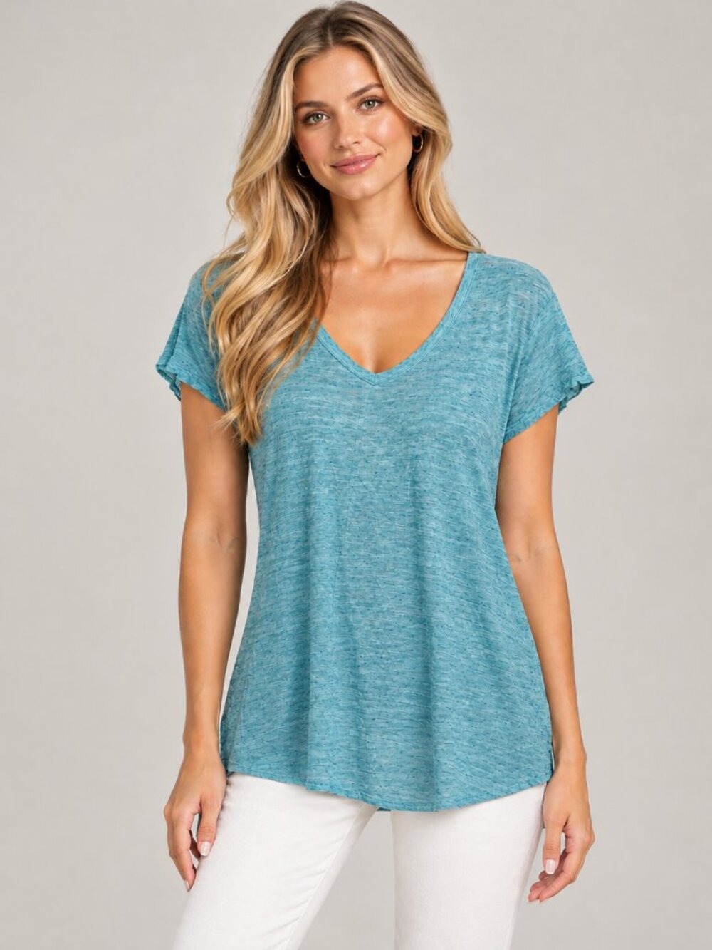 TAHARI Linen Subtle Scoop V-Neck T-Shirt Cap Sleeve Heather Blue Large #A5501